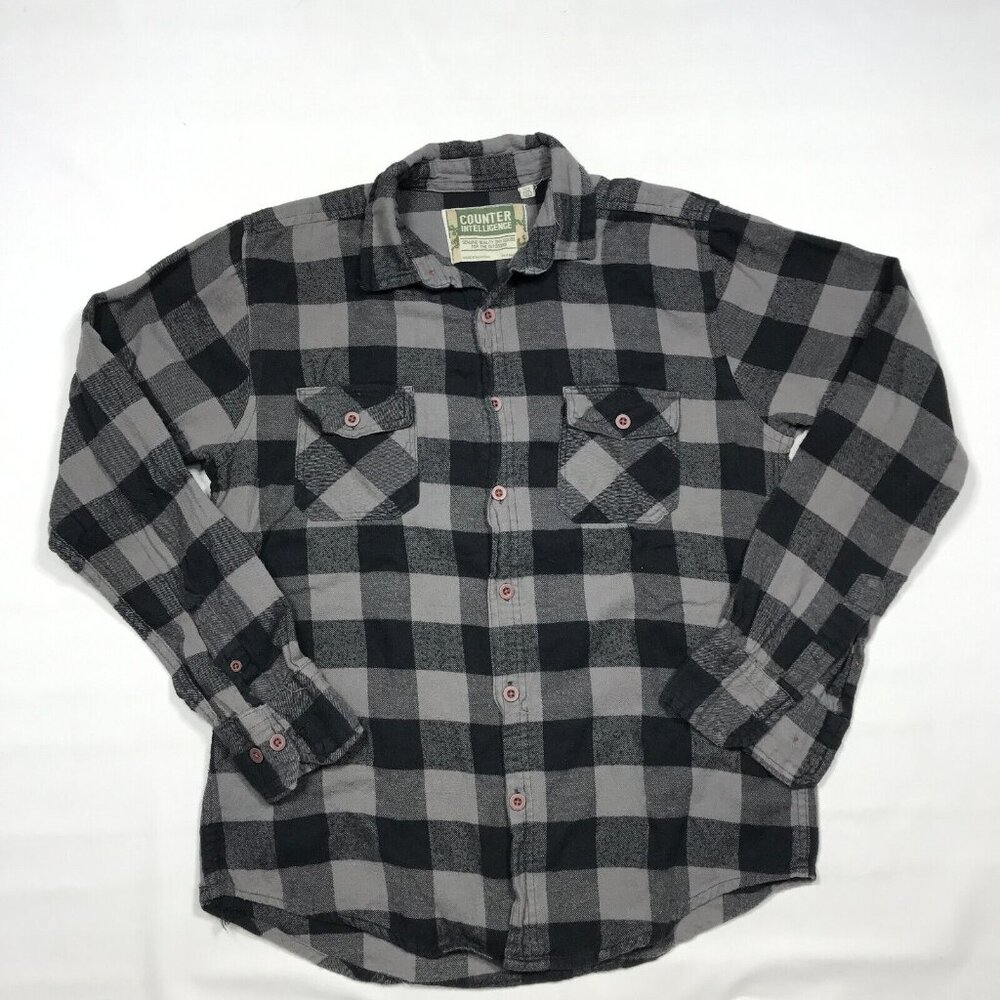 Counter Intelligence Black / Gray Buffalo Check Flannel Button Shirt Mens Med